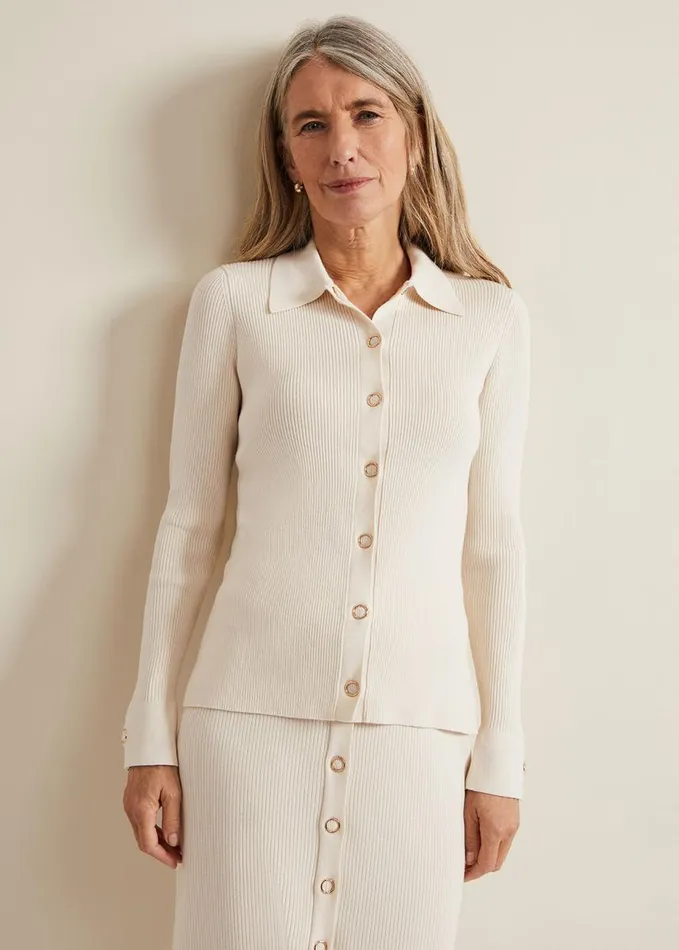 Phase Eight Irina Ribbed Button Detail Knit Top Ivory Women Knitwear