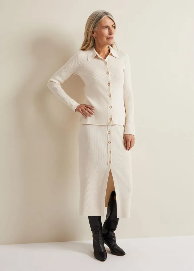 Phase Eight Irina Ribbed Button Detail Knit Top Ivory Women Knitwear