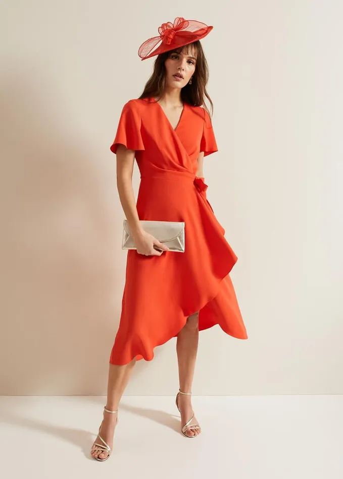 Phase Eight Julissa Ruffle Wrap Midi Dress Vermillion Women Dresses