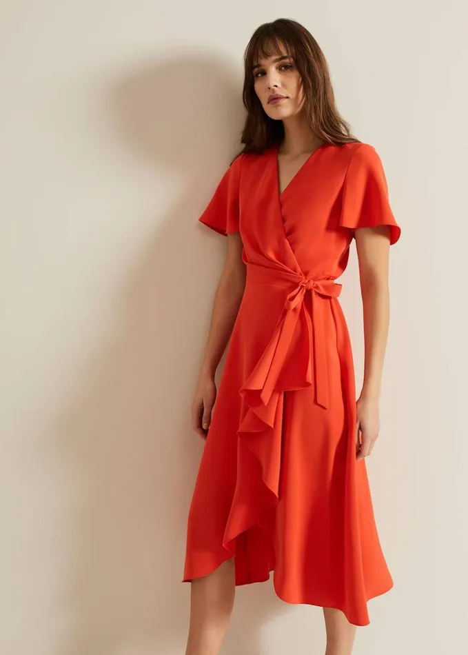 Phase Eight Julissa Ruffle Wrap Midi Dress Vermillion Women Dresses