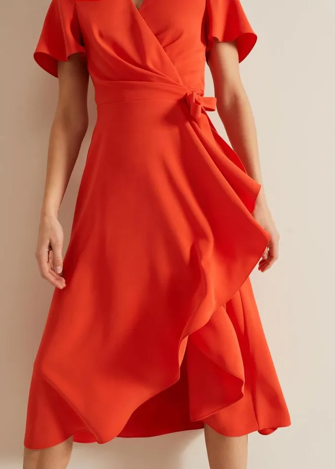 Phase Eight Julissa Ruffle Wrap Midi Dress Vermillion Women Dresses