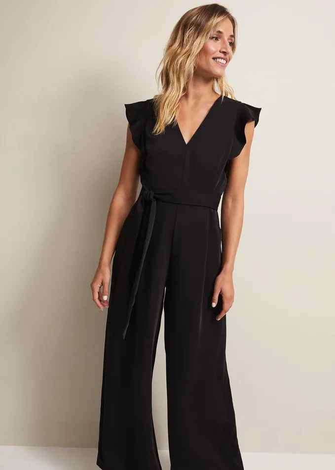 Phase Eight Kallie Ruffled Wide Leg Jumpsuit Black Women Dresses