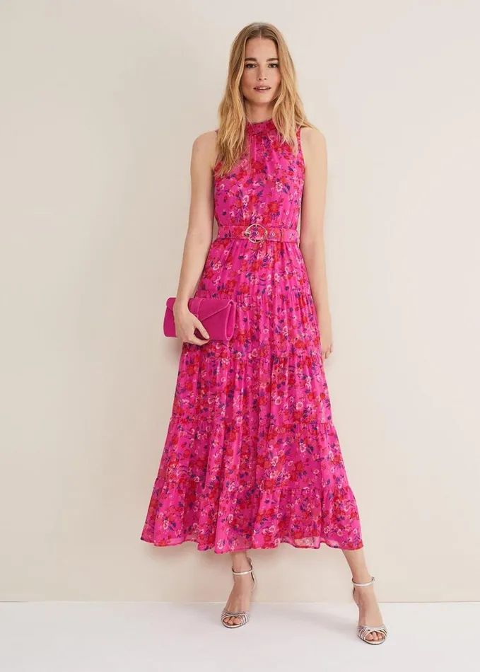 Phase Eight Kara Floral Tiered Maxi Dress Neon Pink Women Dresses