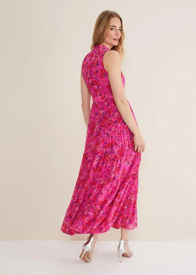 Phase Eight Kara Floral Tiered Maxi Dress Neon Pink Women Dresses