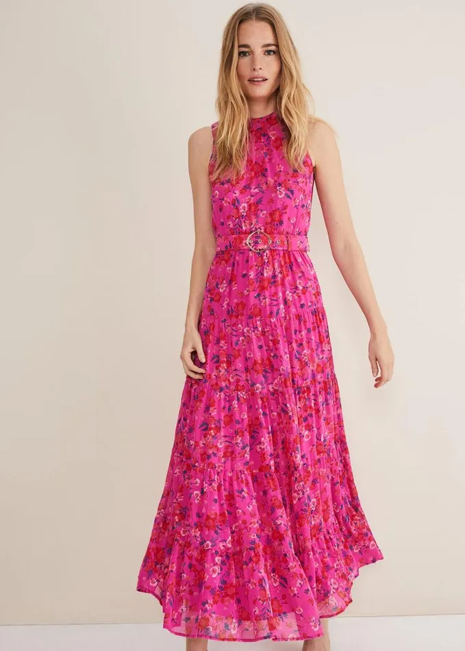 Phase Eight Kara Floral Tiered Maxi Dress Neon Pink Women Dresses