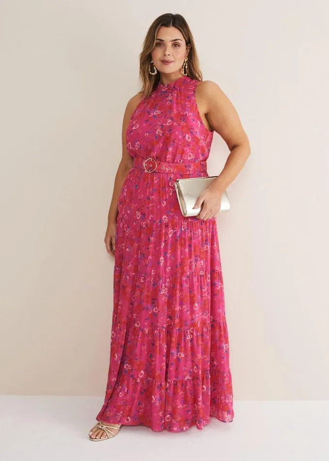 Phase Eight Kara Floral Tiered Maxi Dress Neon Pink Women Dresses