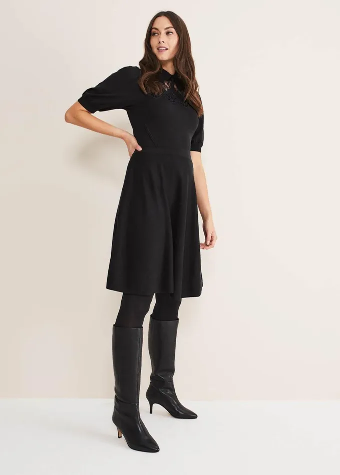 Phase Eight Leather Panelled Knee High Boot Black Women Boots