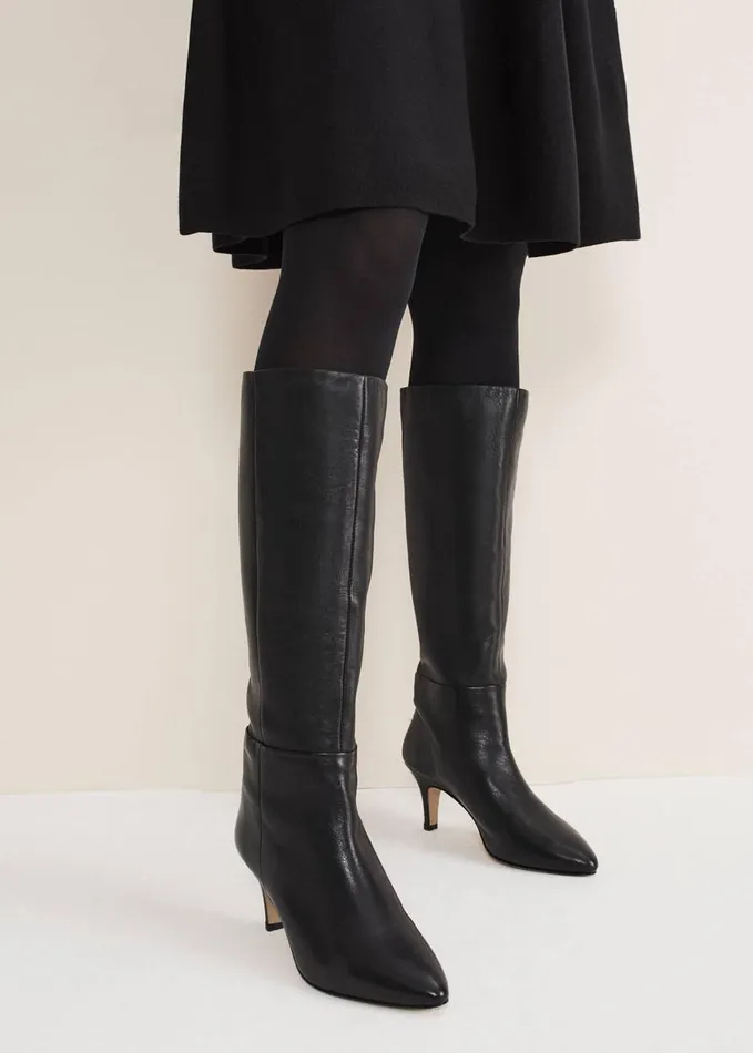 Phase Eight Leather Panelled Knee High Boot Black Women Boots