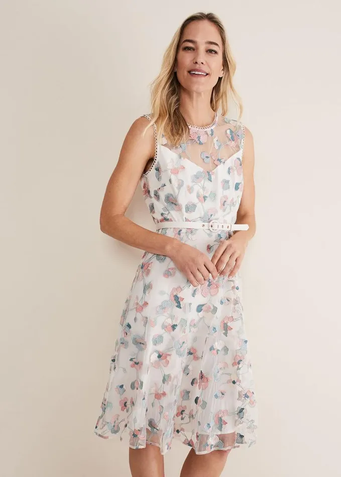Phase Eight Leighton Floral Embroidered Midi Dress Pale Petal Multi Women Dresses