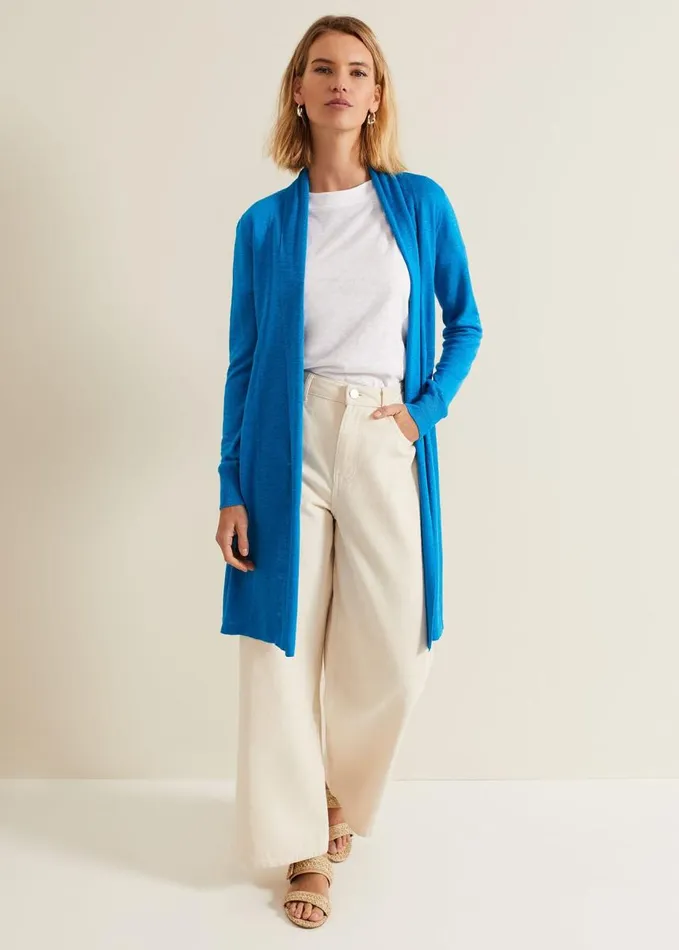 Phase Eight Louise Linen Longline Cardigan Blue Women Knitwear