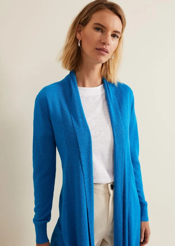 Phase Eight Louise Linen Longline Cardigan Blue Women Knitwear