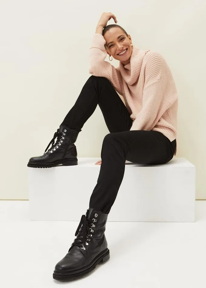 Phase Eight Meladie Black Leather Lace Up Ankle Boots Black Women Boots