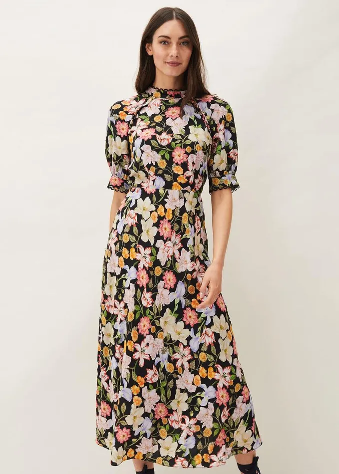 Phase Eight Penelope Floral Puff Sleeve Midi Dress Blackmulti Women Dresses