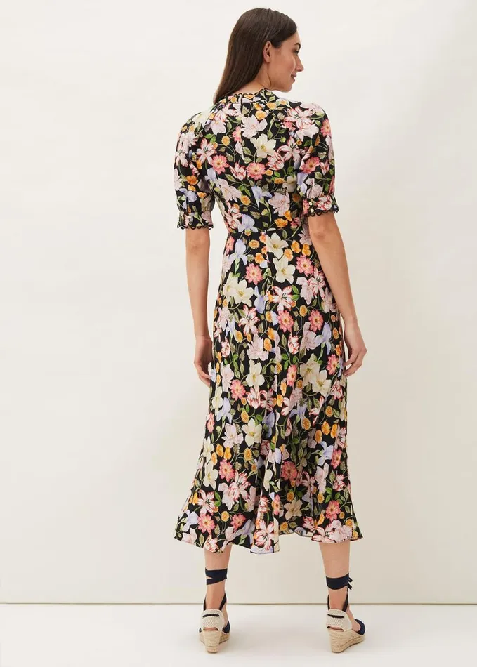 Phase Eight Penelope Floral Puff Sleeve Midi Dress Blackmulti Women Dresses