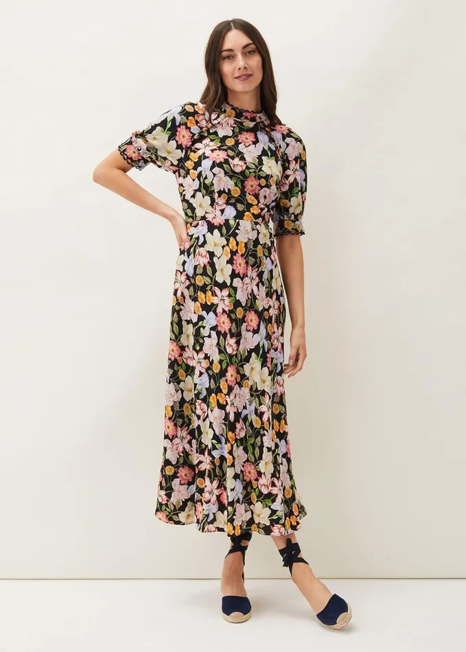 Phase Eight Penelope Floral Puff Sleeve Midi Dress Blackmulti Women Dresses