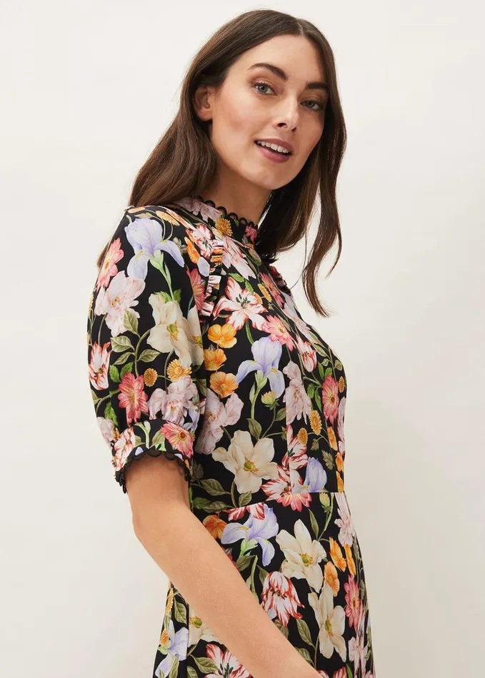 Phase Eight Penelope Floral Puff Sleeve Midi Dress Blackmulti Women Dresses
