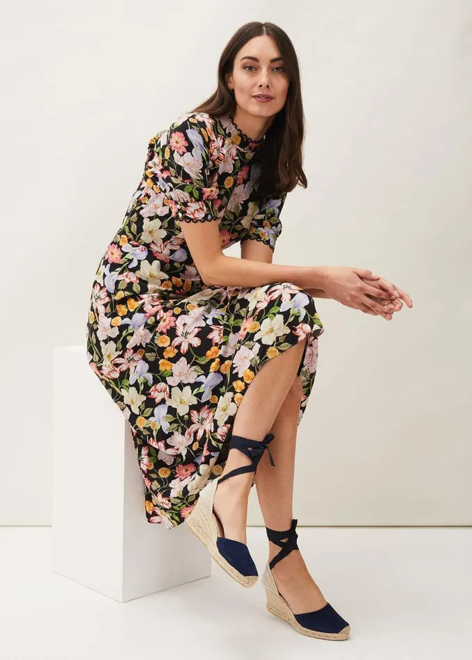 Phase Eight Penelope Floral Puff Sleeve Midi Dress Blackmulti Women Dresses