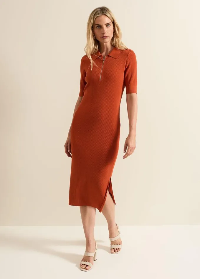 Phase Eight Perrie Ribbed Zip Midi Dress Orange Women Dresses
