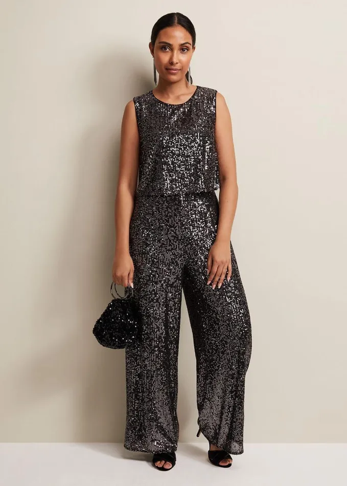 Phase Eight Petite Aubrey Sequin Wide Leg Jumpsuit Gunmetal Women Dresses