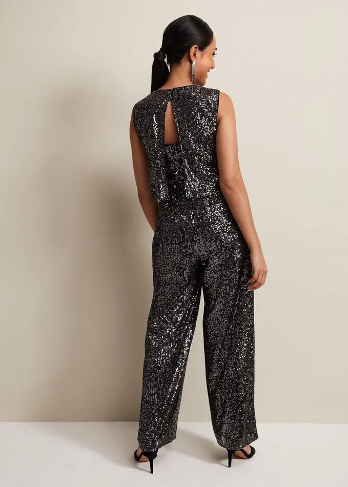 Phase Eight Petite Aubrey Sequin Wide Leg Jumpsuit Gunmetal Women Dresses