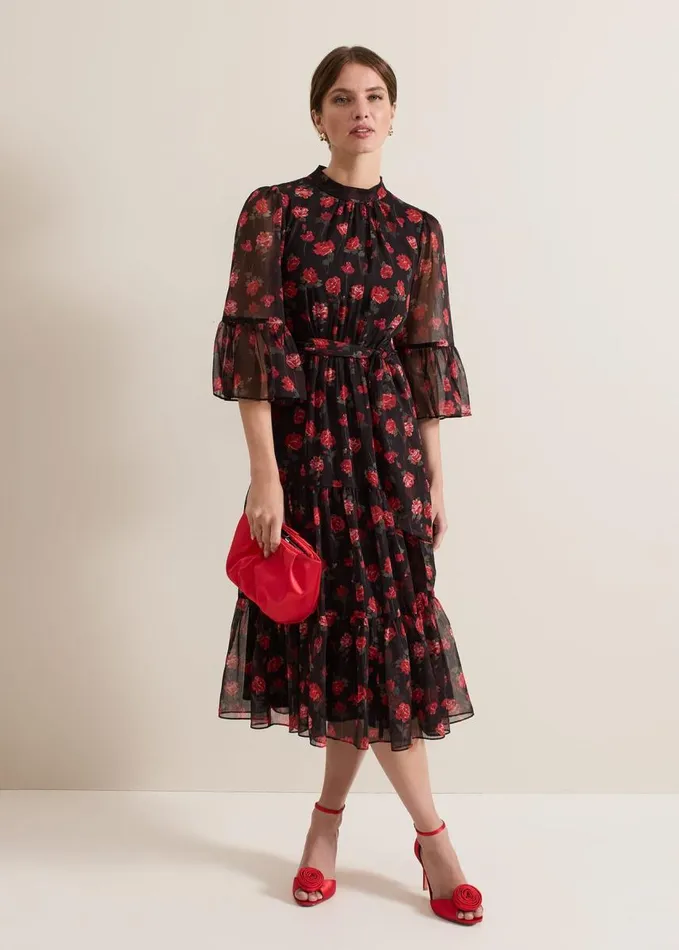 Phase Eight Petite Lela Floral Textured Midi Dress Blackmulti Women Dresses