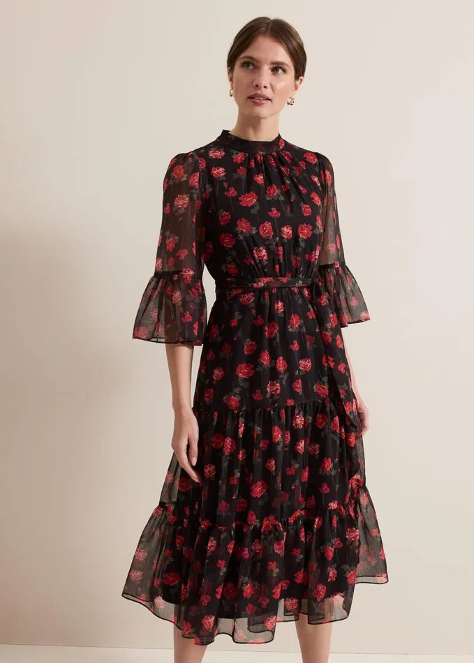 Phase Eight Petite Lela Floral Textured Midi Dress Blackmulti Women Dresses