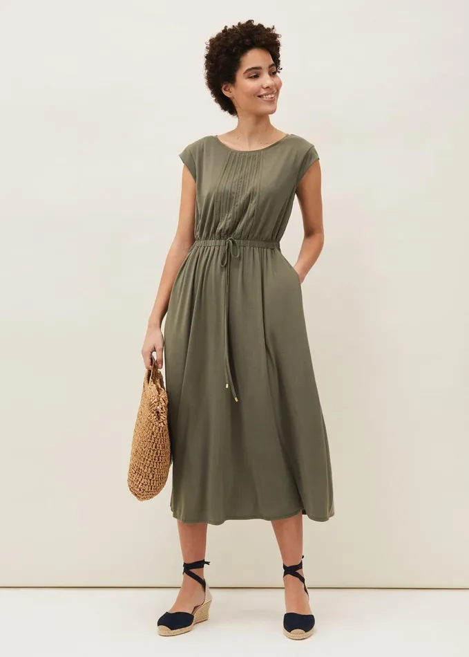 Phase Eight Rosanna Pintuck Jersey Dress Khaki Women Dresses