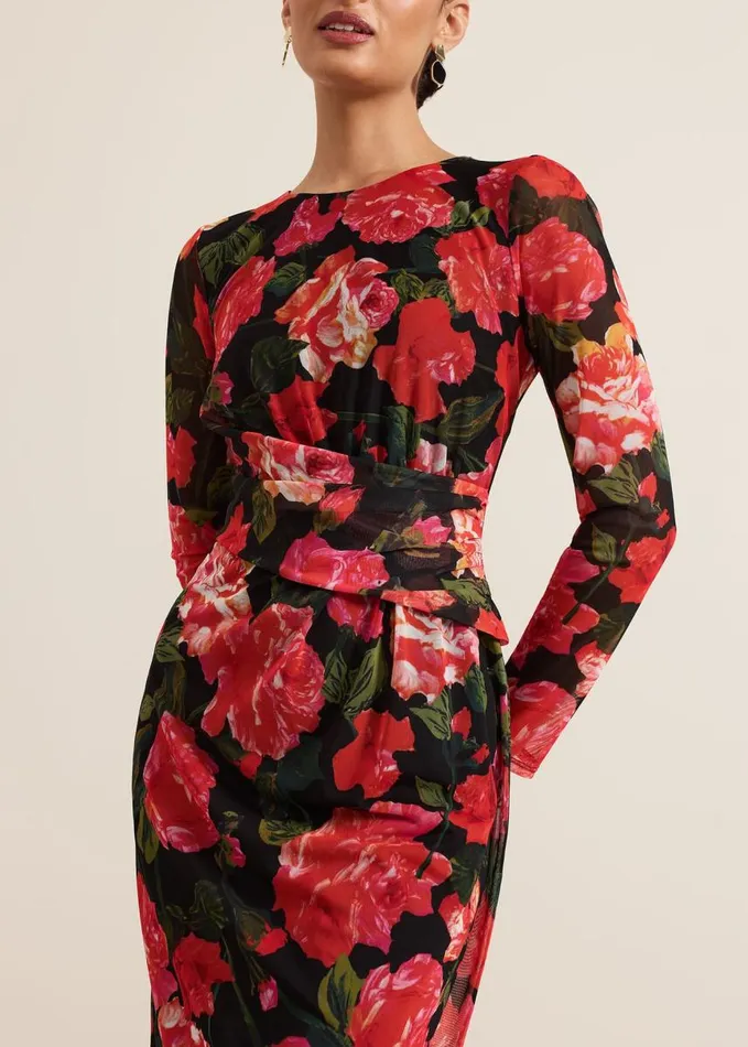 Phase Eight Roshni Mesh Floral Midi Dress Blackmulti Women Dresses