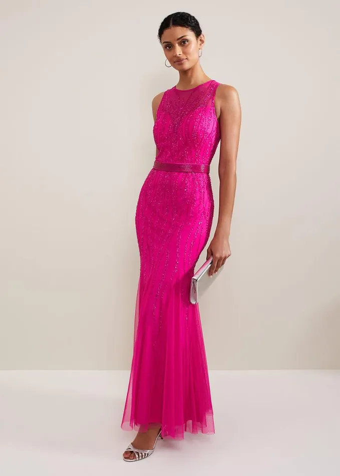 Phase Eight Rowena Beaded Maxi Dress Fuchsia Women Dresses