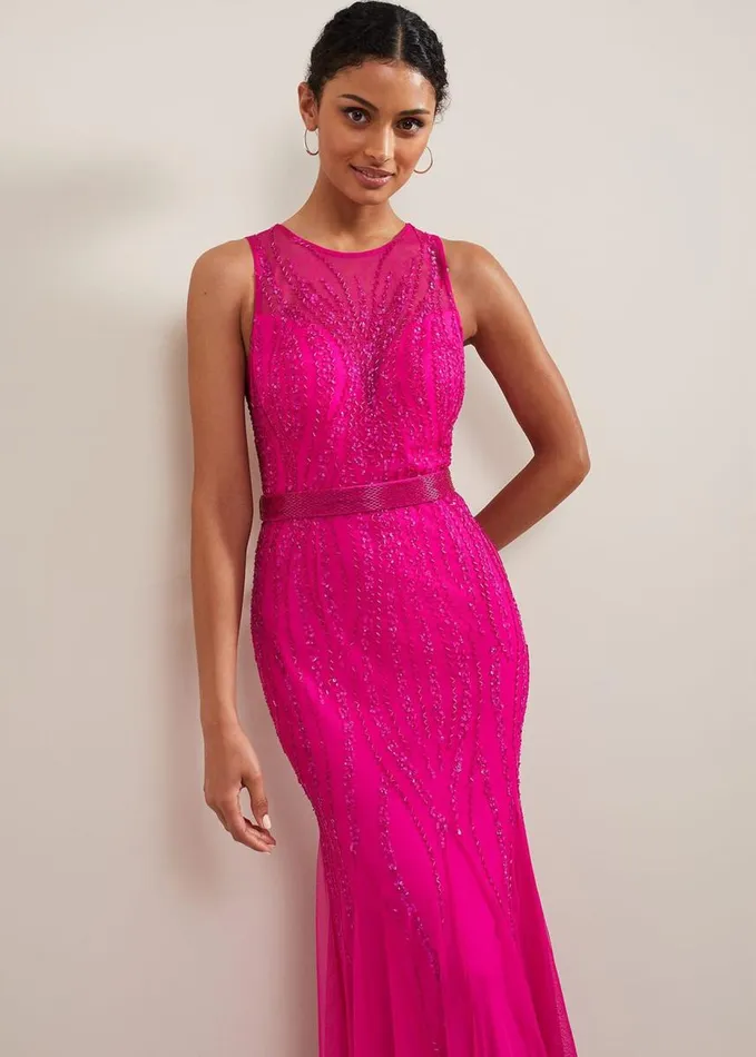 Phase Eight Rowena Beaded Maxi Dress Fuchsia Women Dresses