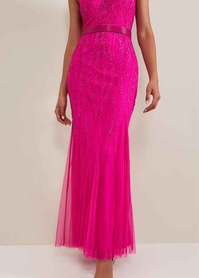 Phase Eight Rowena Beaded Maxi Dress Fuchsia Women Dresses