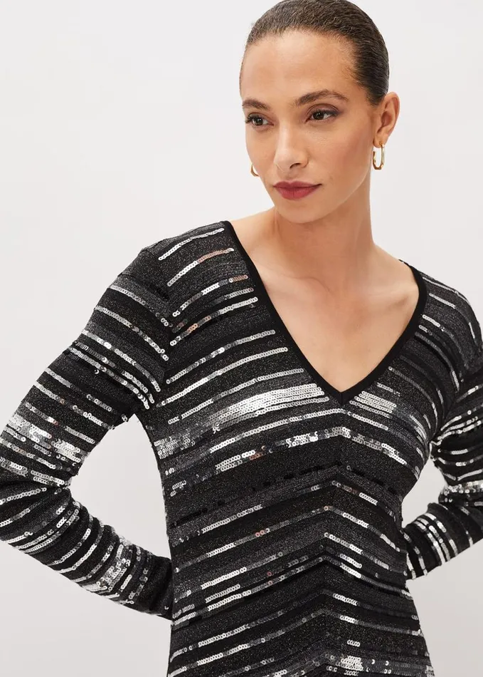 Phase Eight Sibylle Chevron Sequin Dress Gunmetal Women Dresses