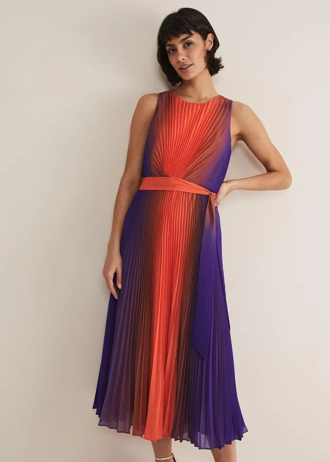 Phase Eight Simara Ombre Pleated Midi Dress Vermillionmulti Women Dresses