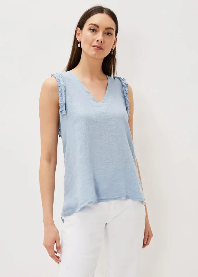 Phase Eight Syona Frill Linen Blouse Soft Blue Women Shirts and Blouses