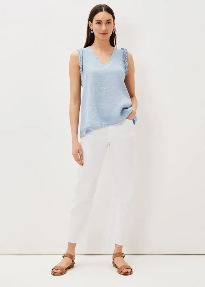 Phase Eight Syona Frill Linen Blouse Soft Blue Women Shirts and Blouses
