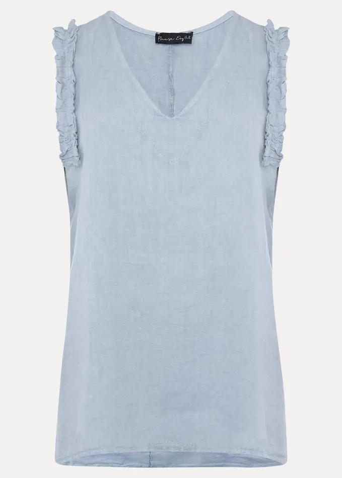 Phase Eight Syona Frill Linen Blouse Soft Blue Women Shirts and Blouses