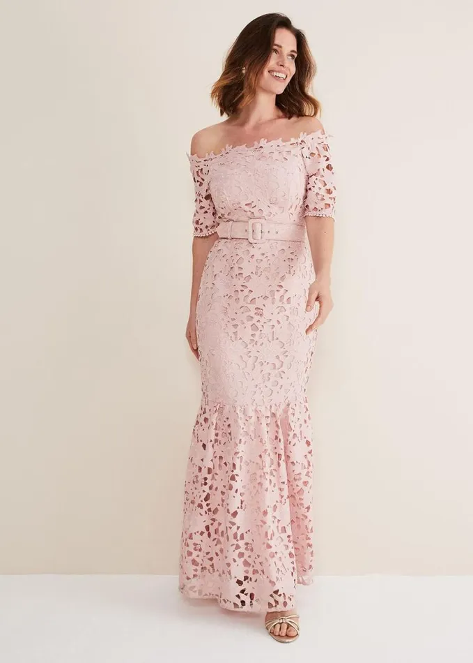 Phase Eight Tallulla Lace Bardot Maxi Dress Petal Pink Women Dresses