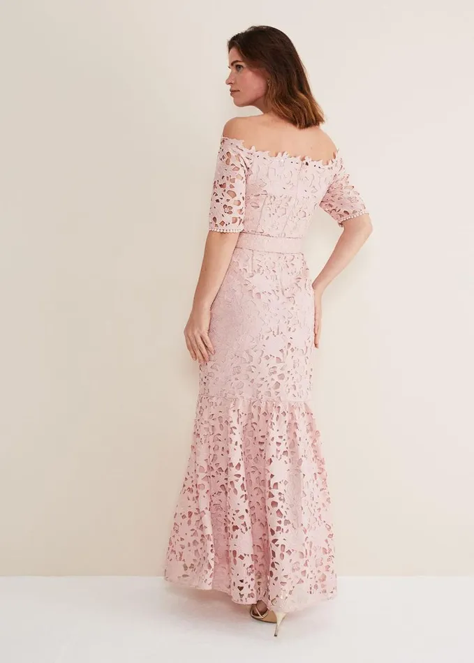 Phase Eight Tallulla Lace Bardot Maxi Dress Petal Pink Women Dresses