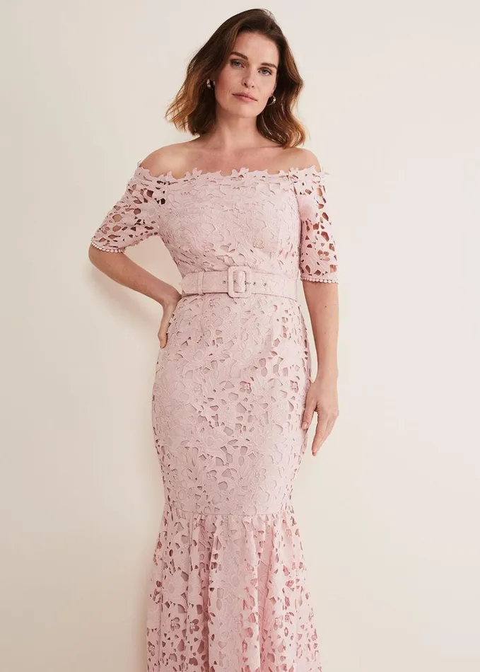 Phase Eight Tallulla Lace Bardot Maxi Dress Petal Pink Women Dresses