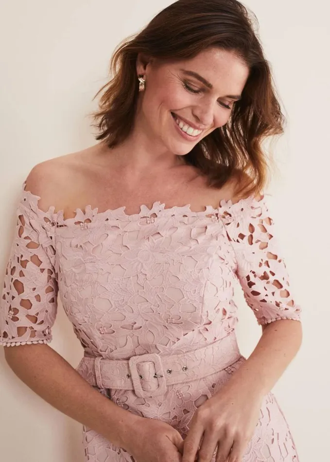 Phase Eight Tallulla Lace Bardot Maxi Dress Petal Pink Women Dresses