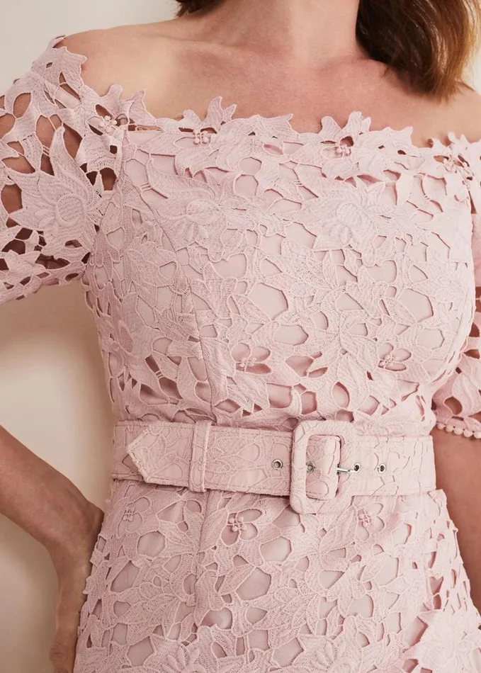 Phase Eight Tallulla Lace Bardot Maxi Dress Petal Pink Women Dresses