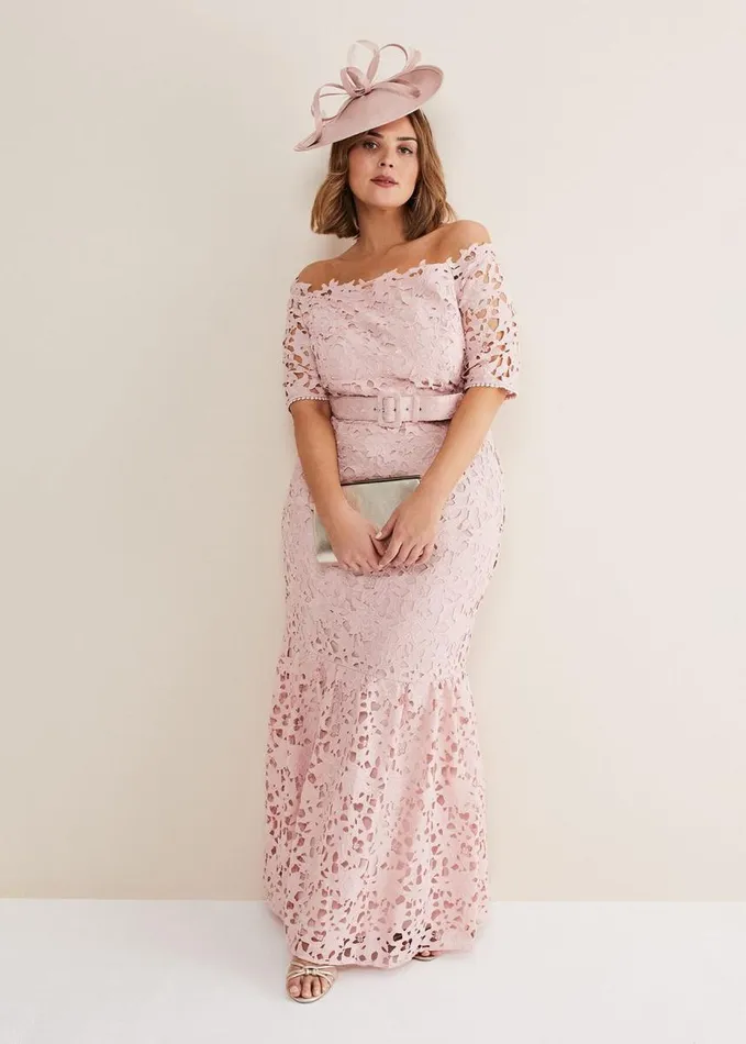 Phase Eight Tallulla Lace Bardot Maxi Dress Petal Pink Women Dresses