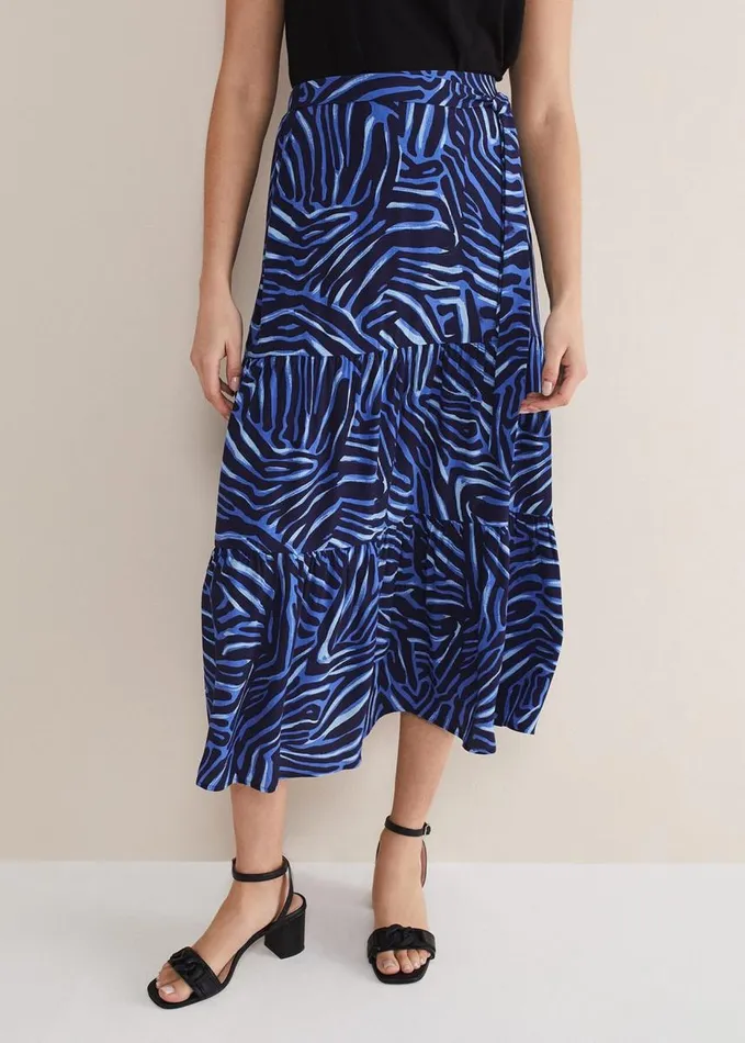 Phase Eight Tana Zebra Print Tiered Midi Skirt Blue Multi Women Skirts