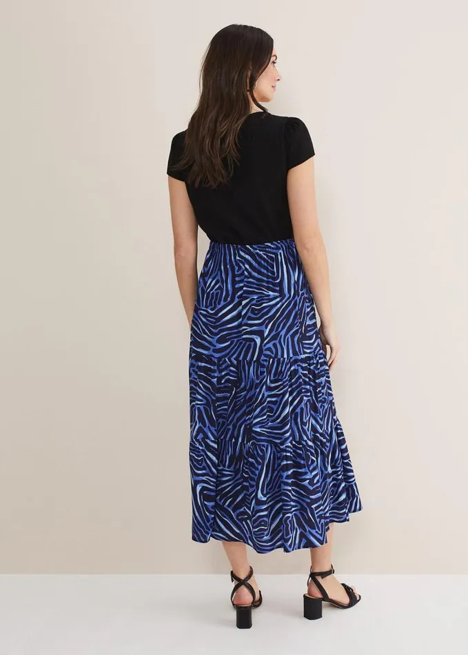 Phase Eight Tana Zebra Print Tiered Midi Skirt Blue Multi Women Skirts
