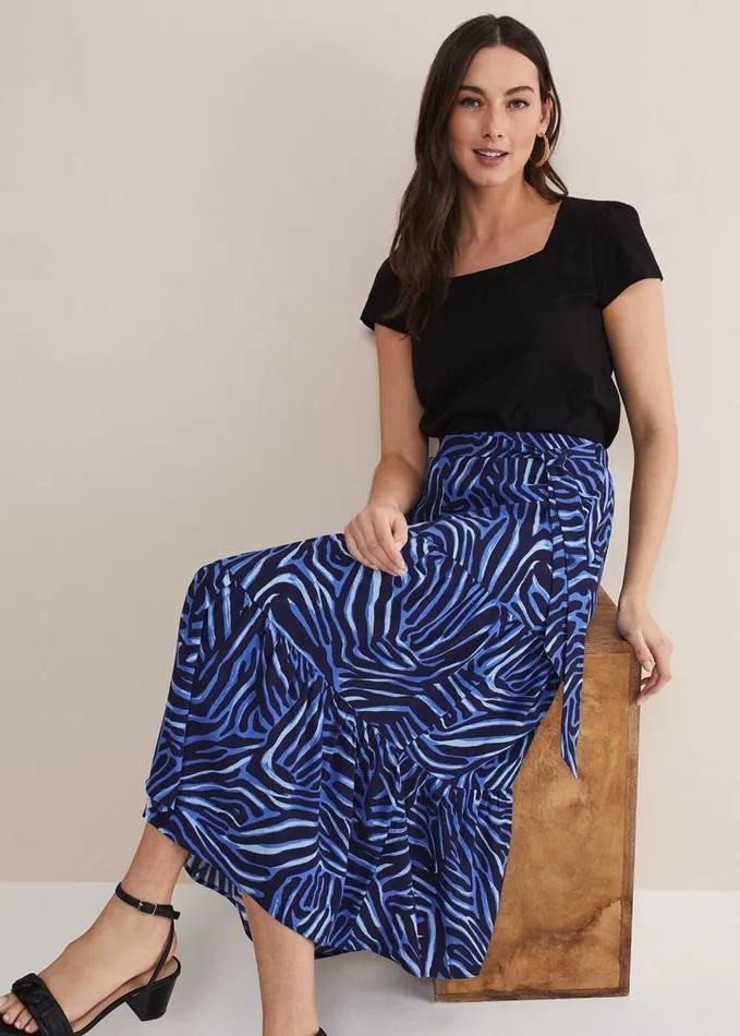 Phase Eight Tana Zebra Print Tiered Midi Skirt Blue Multi Women Skirts