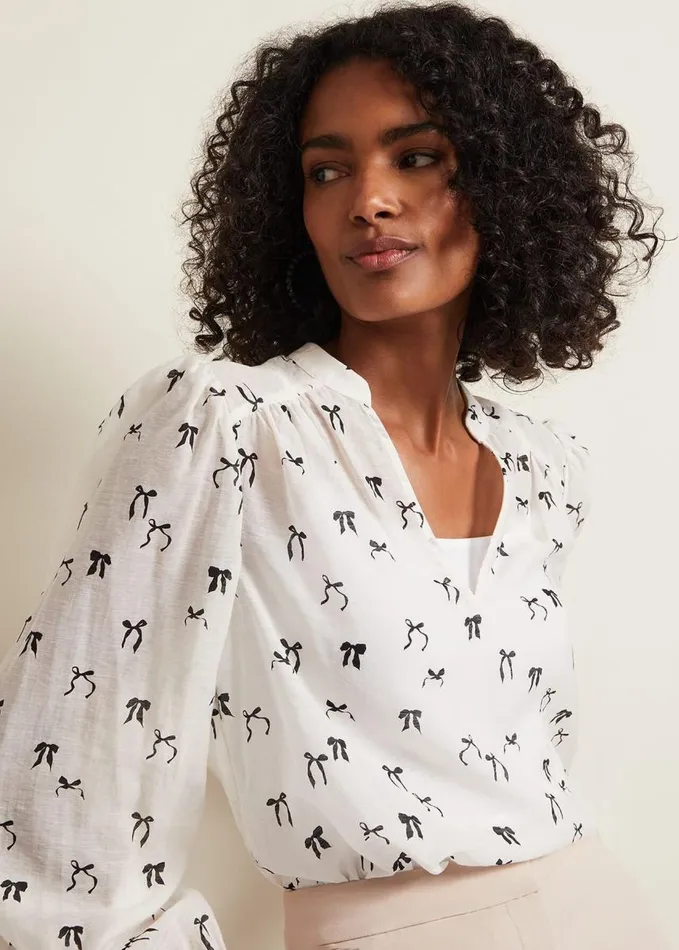 Phase Eight Taytum Bow Print Blouse Ivory Women Shirts and Blouses