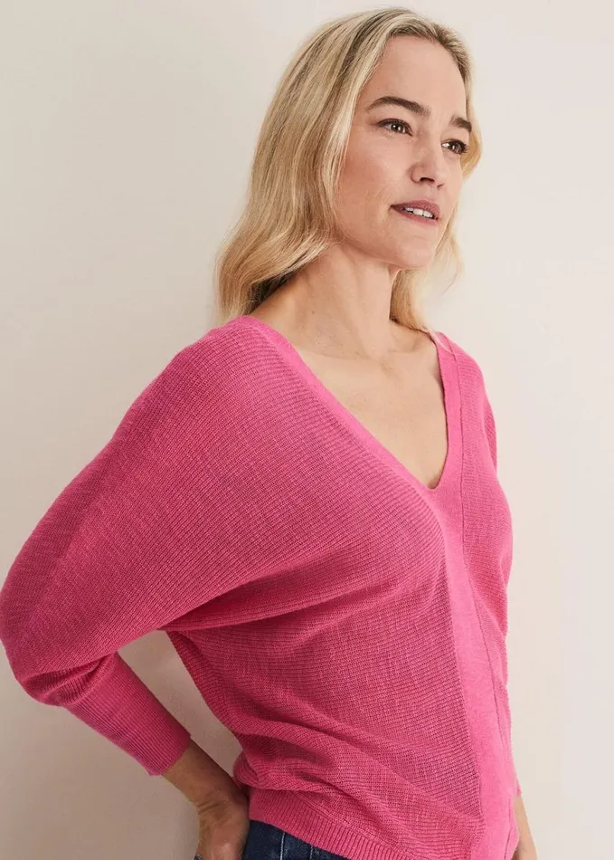 Phase Eight Tia V Neck Linen Knit Pink Women Knitwear
