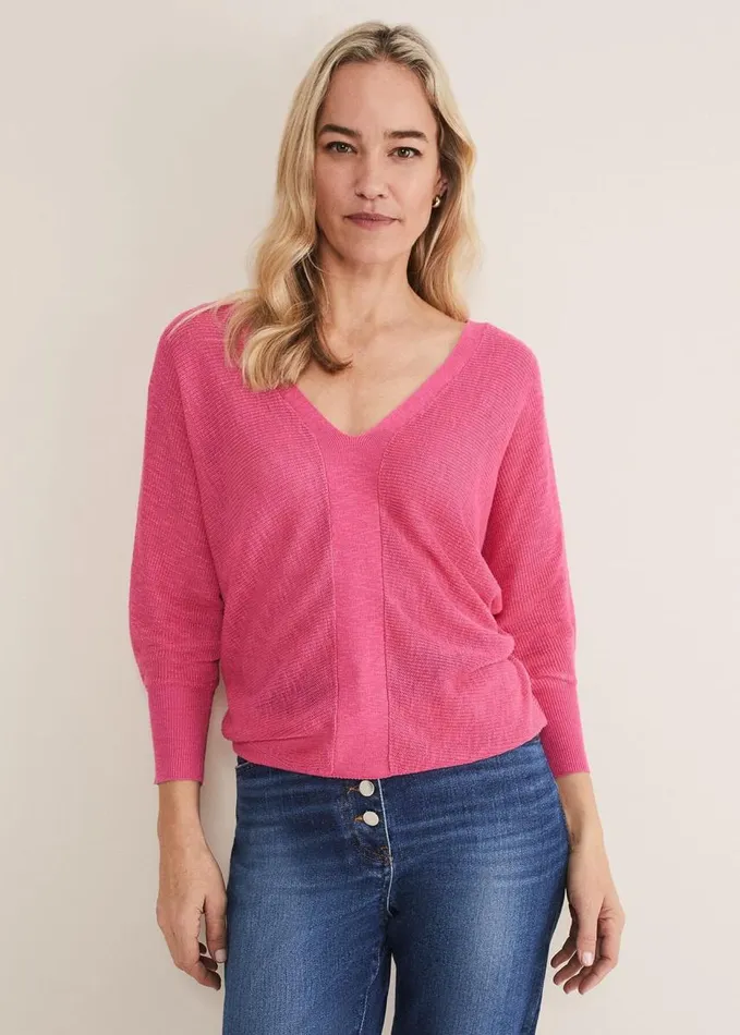 Phase Eight Tia V Neck Linen Knit Pink Women Knitwear