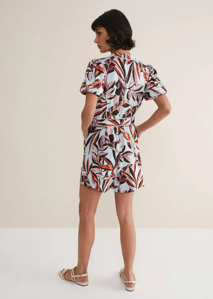 Phase Eight Vivian Linen Leaf Print Playsuit Aquamulti Women Dresses