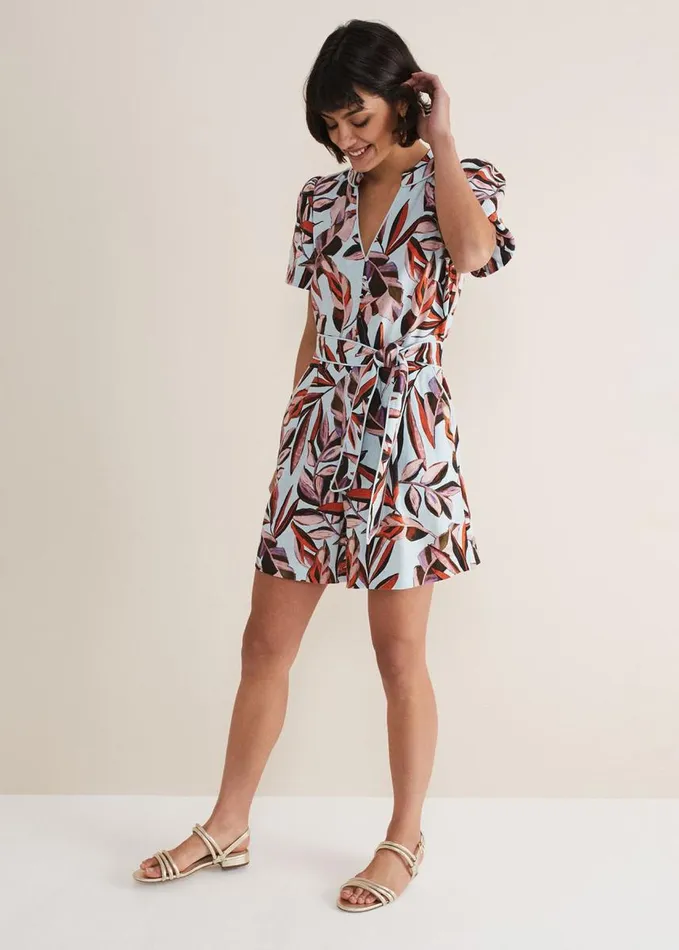 Phase Eight Vivian Linen Leaf Print Playsuit Aquamulti Women Dresses